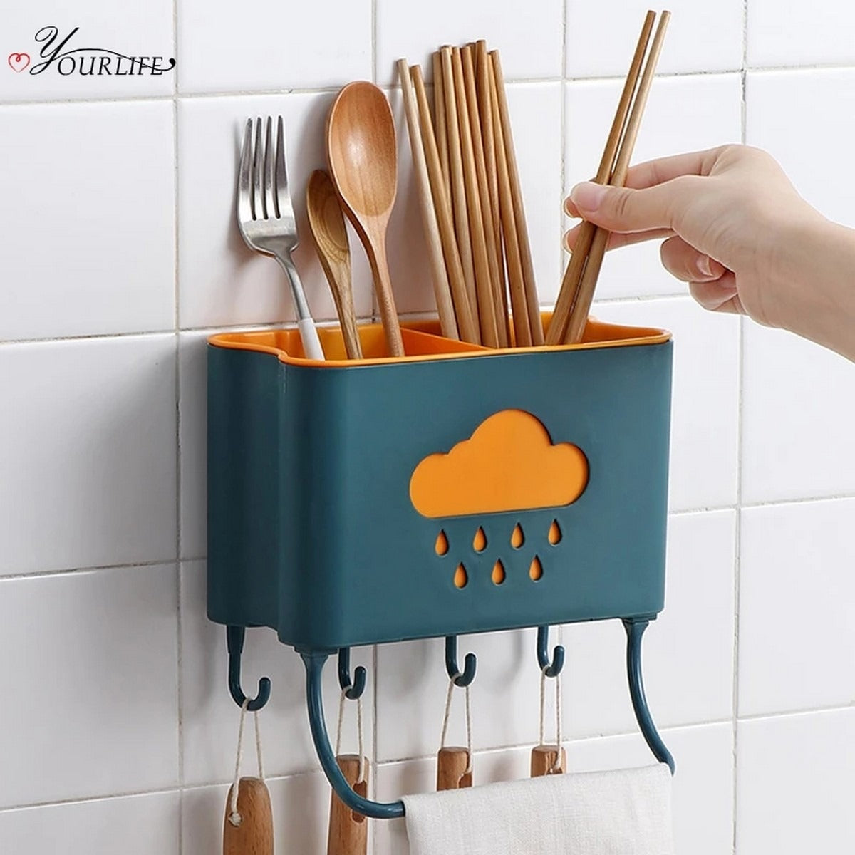 Wall Mount Kitchen Utensils Rack Spoon Storage Hanger Drainer Holder